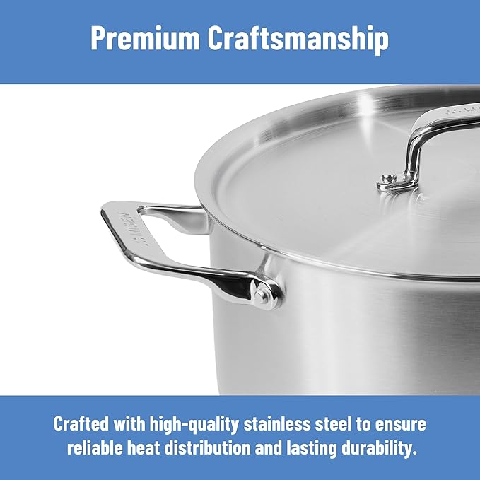 Misen 5-Ply Stainless Steel Stockpot – Large Cooking Pot for Boiling, Simmering & Stewing - Consistent, Even Heating - Durable, Dishwasher Safe – Oven-Safe to 800F, Induction Ready - 8 QT