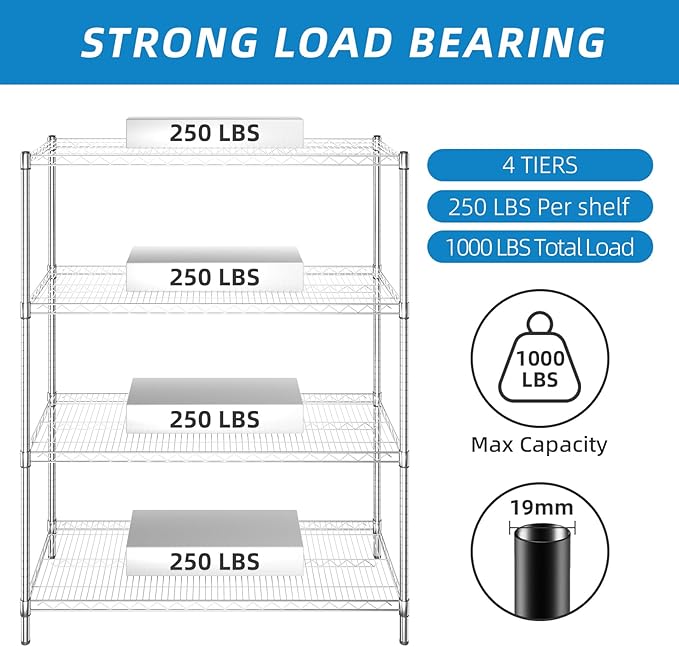 4-Shelf Adjustable Metal Shelf Wire Shelving Unit Heavy Duty Storage Rack Shelf for Office,Kitchen,Bedroom,Bathroom,Laundry,Pantry Basement,Garage(Chrome,48" L x 18" W x 62" H)