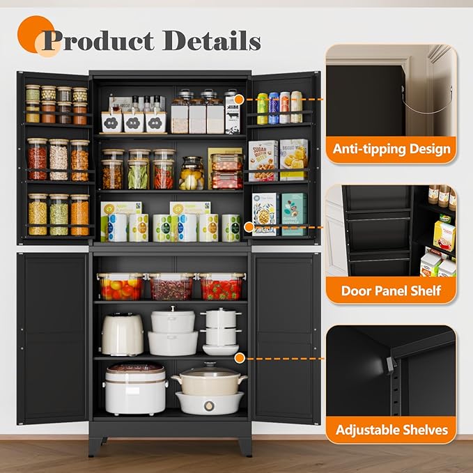 74.8" Tall Metal Food Cabinet, Black Kitchen Pantry Cabinet, Storage Cabinets with 4 Door and 4 Adjustable Shelves, Steel Freestanding Cupboard for Kitchen Dining Room Living Room Bathroom