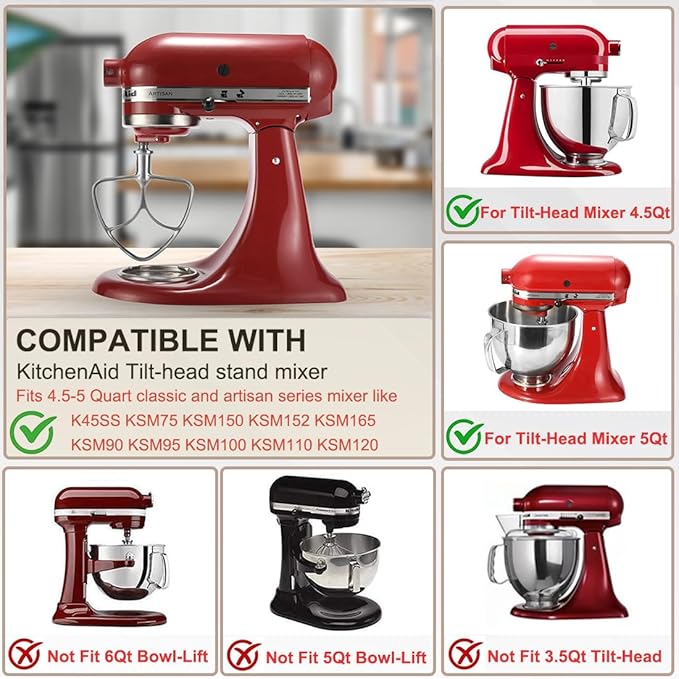 Stainless Steel Flat Beater for KitchenAid 4.5qt-5qt Tilt-Head Stand Mixer, Fit forClassic, Classic Plus and Artisan Mixer K45SS, KSM75, KSM90, KSM110, KSM125, KSM150, Heavy Duty and Dishwasher Safe