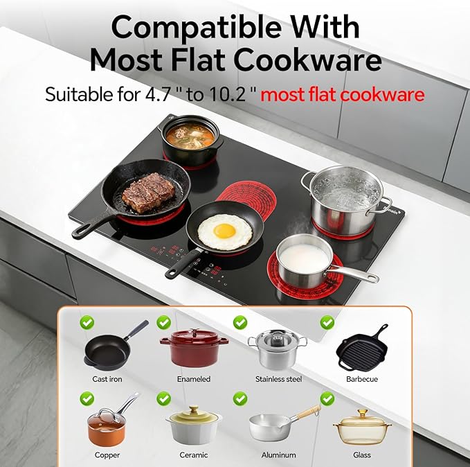 Ranein Electric Cooktop with 5 Burners, 30 inch 8800W 240V Ceramic Panel Electric Cooktop, Multiple Safety Protections Stove, Touch Screen
