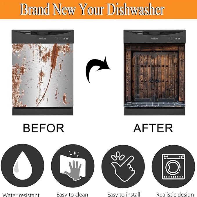 Vintage Wooden Door Magnetic Dishwasher Covers for The Front Home Refrigerator Panel Cover, Barn Wooden Door Dishwasher Decal Magnetic Sticker - (23" x 26" Magnetic)