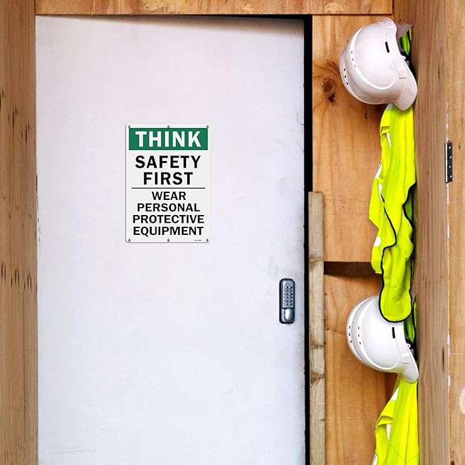 T&R Large Think Safety First Sign Wear Personal Protective Equipment - 14 x 10 Inches Rust Free .040 Aluminum Reflective - UV Protected, Waterproof and Fade Resistant - 6 Pre-drilled Holes