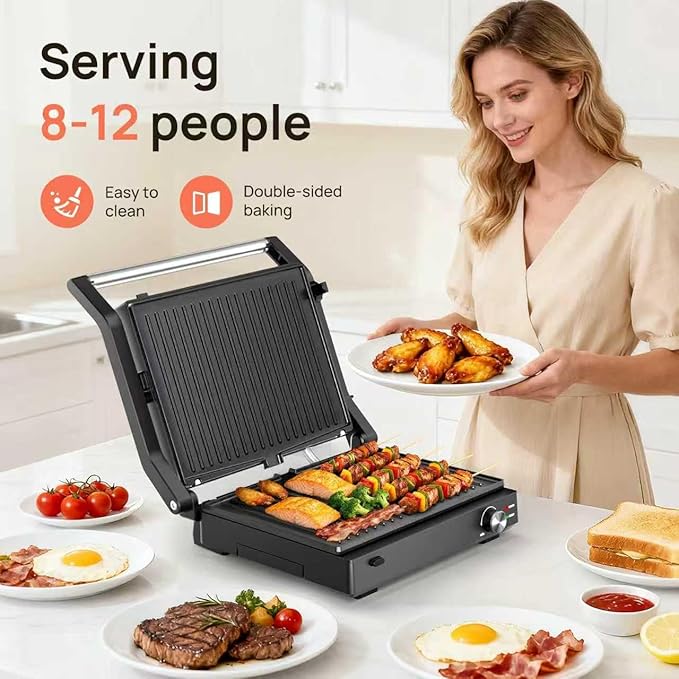 Electric Indoor Grill, 14'' Panini Press Grill, 1600W Electric Grill for Steak, Burger, Sandwich, 450℉ Dual Cooking Plates, 180° Flat Griddle, Removable Non-stick Grill & Drip Tray, Dishwasher Safe