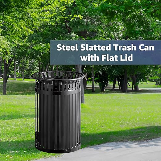 45 Gallon Black Trash Can with Flat Lid, Outdoor Heavy-Duty Commercial Waste Bin Steel Slatted, Round Recycle Container, Durable Garbage Can for Parks, Municipalities, Schools, Parking