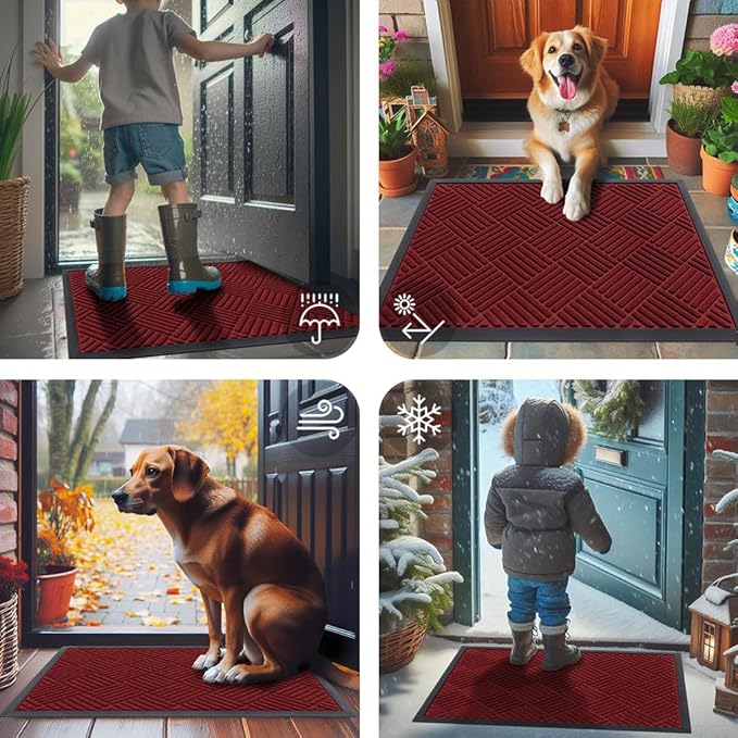 Smiry Front Door Mat Outside Entrance, Heavy Duty Outdoor Indoor Natural Rubber Doormat, Non Slip, Trap Dirt and Moisture, Easy Clean, Low Profile Patio Porch Entryway Mat, 29.5x17, Wine Red
