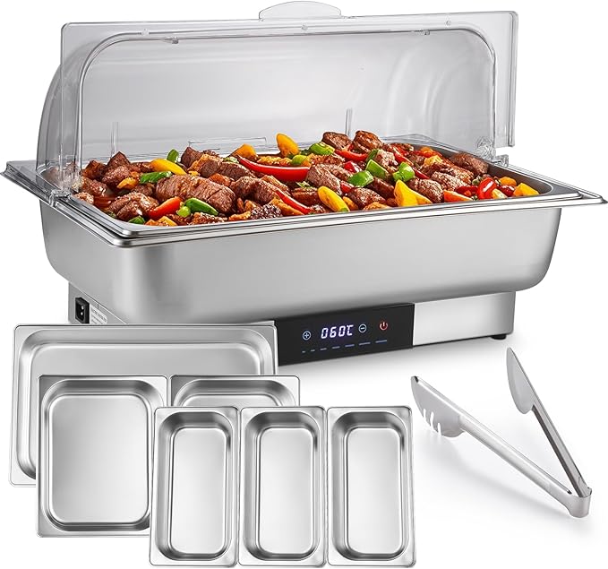 Electric Chafing Dish Buffet Server Set, Stainless Steel Full Size & Half-Size &Three-Section Food Pan with Temp Control, Roll Top Stainless Steel Food Warmers for Catering Buffet (A-02)
