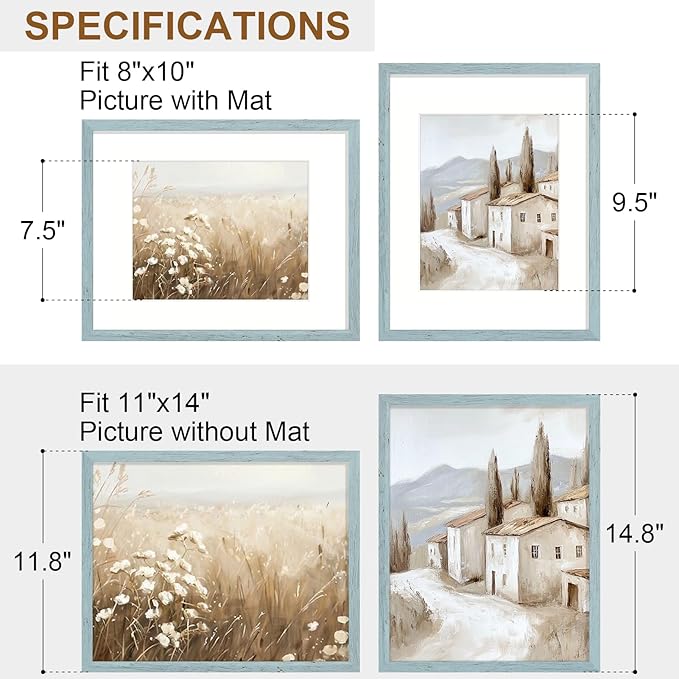 Vittanly 11x14 Picture Frame Set of 2, Solid Wood Frame for Wall Art Photo and Prints, Display Photo 8x10 with Mat or 11x14 without Mat, Rustic Blue