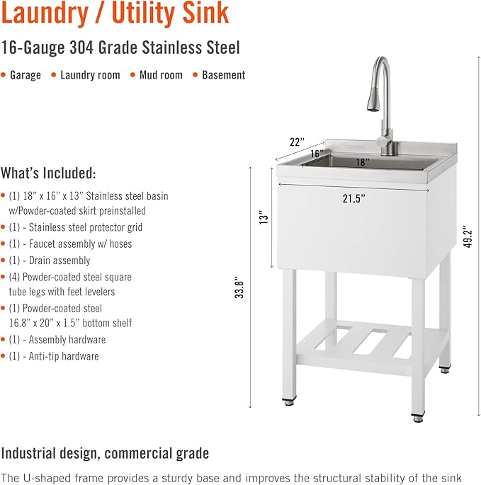 TRINITY THAPWH-0327 Stainless Steel Freestanding Single Bowl Utility Sink for Garage, Laundry Room, Commercial Use, Includes Pull-Out Faucet, NSF, UPC and cUPC Certified, 21.5" x 22" x 49.2", White