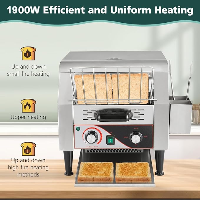 Commercial Toaster - 300 Slices/Hour Electric Conveyor Toaster 1900W Commercial Stainless Steel Toasters for Restaurant Buffets Bagel Beard Heavy Duty with Handle