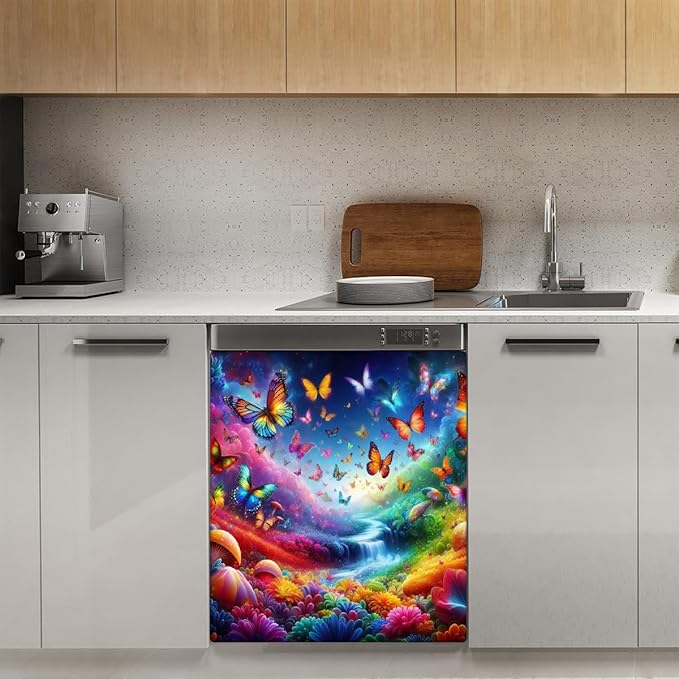 Dishwasher Magnet Cover Animal Rainbow Butterfly Dishwasher Decorative Cover Front Dishwasher Door Cover Reuseable Dishwasher Cover Panel Decal for Kitchen Refrigerator Home Appliances 23" X 26"