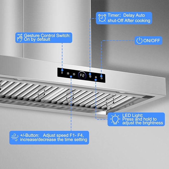 30 inch Range Hood Wall Mount, 1200 CFM with 4-Speed Gesture Sensing & Touch Control, Stainless Steel Ducted Kitchen Stove Vent Hoods with 2 LED Lights, Time Setting, Dishwasher-Safe Baffle Filters