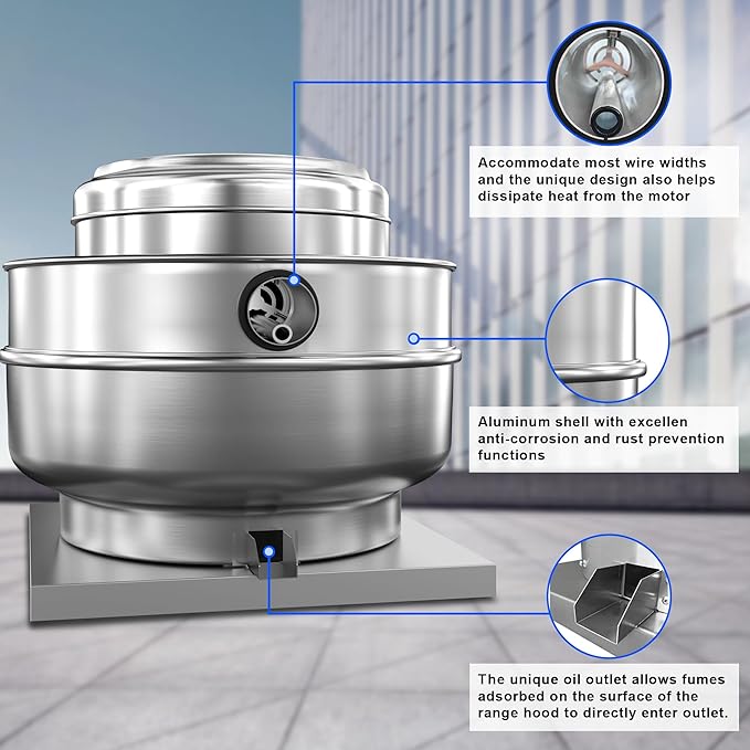 Direct Drive Centrifugal Upblast Exhaust Fan- Restaurant Hood Grease Rated Exhaust Fan 1.5HP 110 Volt Single Phase Motor 5000 CFM, ETL Listed