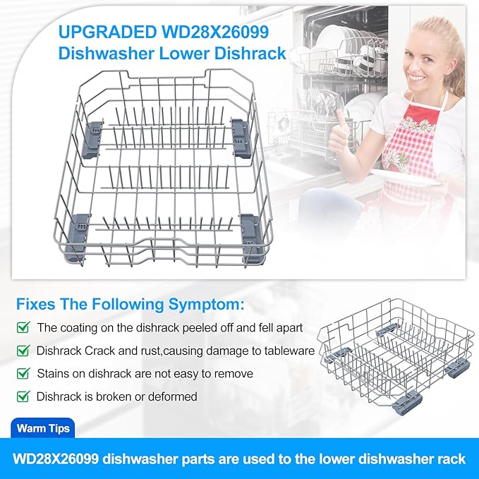 UPGRADED WD28X26099 WD28X34744 Dishwasher Lower Rack Compatible with GE Dishwasher Rack Replacement Parts WD28X24396 WD28X22659 WD28X28918 GDF510PSM0SS GDF510PSD1SS GE Dishwasher Rack Parts with Wheel
