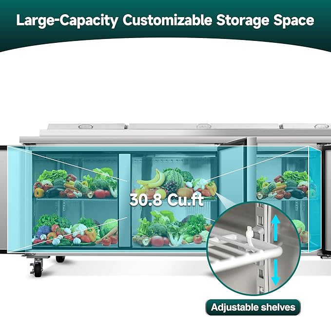 93" Commerical Pizza-Sandwich Prep Table Refrigerator - 3 Door Stainless Steel Refrigerator, 31 Cu.ft Capacity, Low Noise, Adjustable Shelves, Auto Defrost, Digital Temp Control
