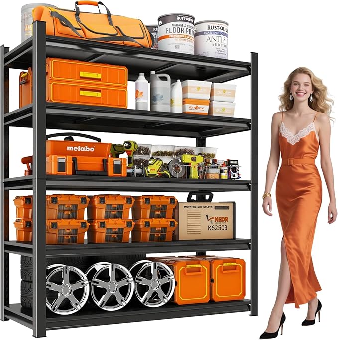 72" H Garage Shelving Unit | Heavy Duty 5-Tier Steel | 3000LB Capacity | Garage & Basement Storage | Industrial-Grade Metal Shelving for Warehouses & Workshops | Adjustable, Rust-Resistant, Black
