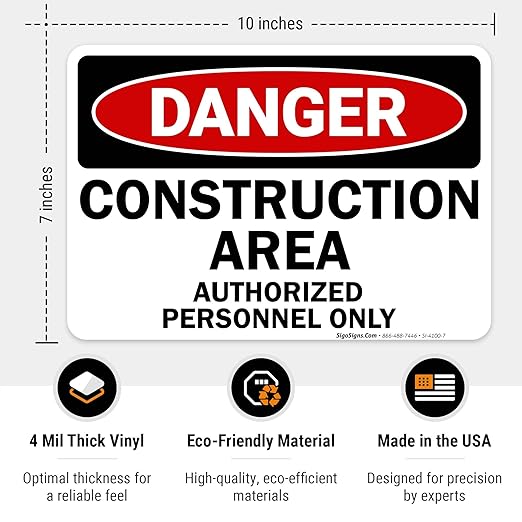 Danger Construction Area Sign, Authorized Personnel Only Sign, 10x7 Inches, 4 Mil Vinyl Decal Stickers Weather Resistant, Made in USA