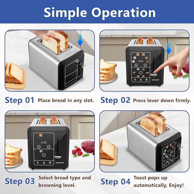 Touch Screen Toaster 2 Slice, Smart Digital Toasters, 6 Browning Levels & 6 Bread Types, Bagel Memory Function, Timer, Stainless Steel, 800W