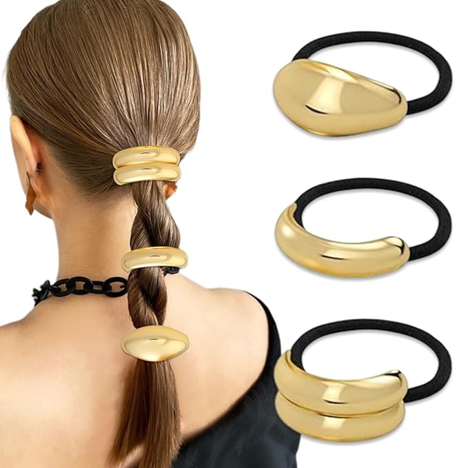 3 Pcs Metal Hair Tie Gold Hair Cuffs Women Geometric Stretchy Ponytail Holders Hair Bands Daily Styling Tools Hair Accessories