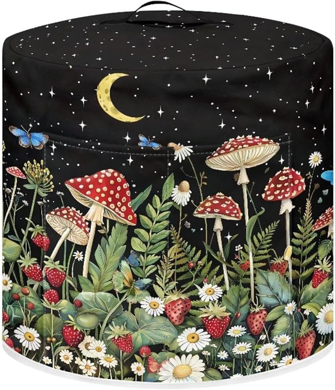 Mushroom Star Print Rice Cooker Protective Cover Lightweight Pressure Cooker Cover with Handle & Pocket, Washable Round Air Fryer Cover Home Kitchen Décor