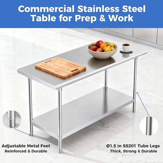 OSTBA Stainless Steel Table for Prep & Work 24x48 Inches, NSF Metal Commercial Heavy Duty Table with Adjustable Undershelf and Adjustable Foot for Restaurant Kitchen Home and Hotel