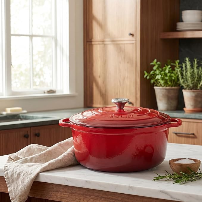 Zulay Kitchen 6 Quart Enameled Cast Iron Dutch Oven Pot with Lid – Premium Durability & Oven Safe up to 500°F – Heavy Duty Cookware Perfect for Bread Baking, Stews, Braising & Roasting – Red