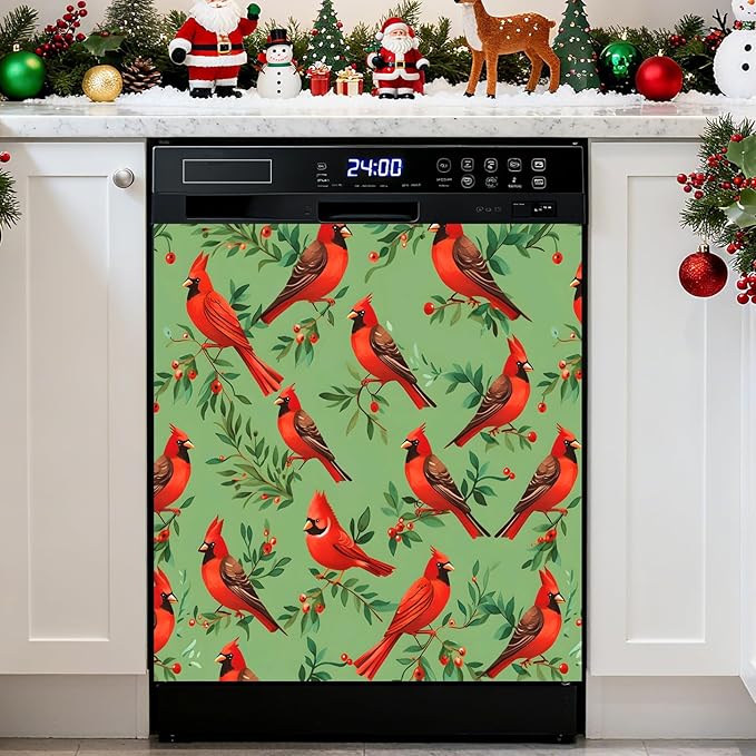 Cardinal Dishwasher Magnet Cover, 23" W x 26" H Fridge Magnetic Stickers Reuseable Magnet Panel Decal Cover for Washing Machine Fridge Microwave Cabinet Kitchen Christmas Decoration