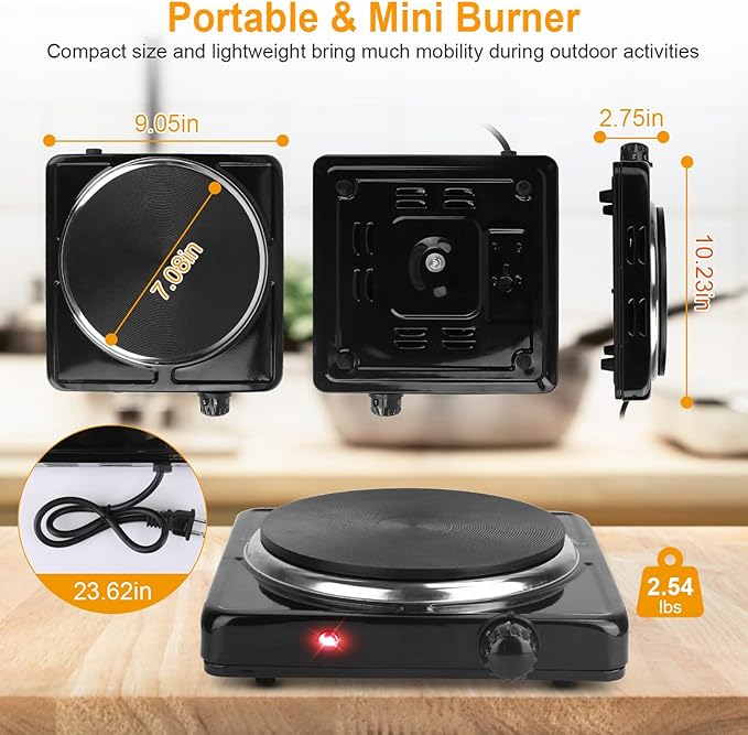 Portable Hot Plate, 1500W Cast Iron Single Countertop Burner, Electric Stove with 5 Levels Adjustable Temperature, Cooktop for Home RV Camping, Easy to Clean, Black