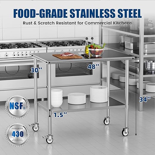 Stainless Steel Work Table with Wheels, 30x48 Inch NSF Kitchen Prep Table with Adjustable Undershelf for Commercial Restaurant, Garage, Outdoor BBQ