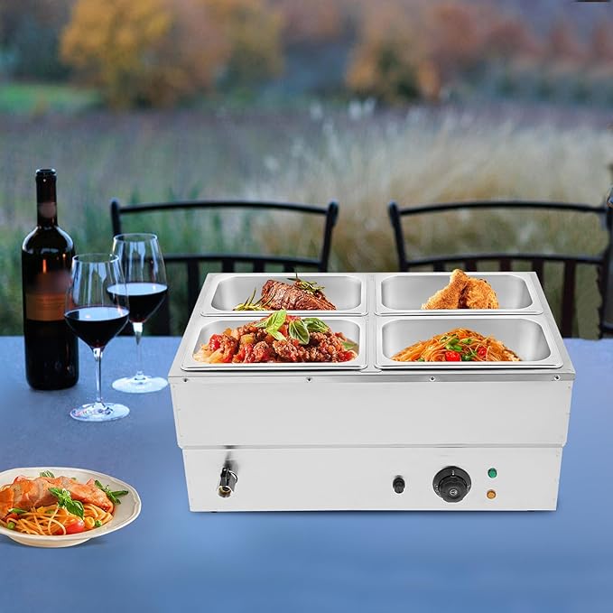 Commercial Food Warmer Stainless Steel Bain Marie Buffet Food Warmer Steam Table Electric Countertop Steam Table Container with 86-185°F Temp Control for Catering Restaurants (4-Pan)