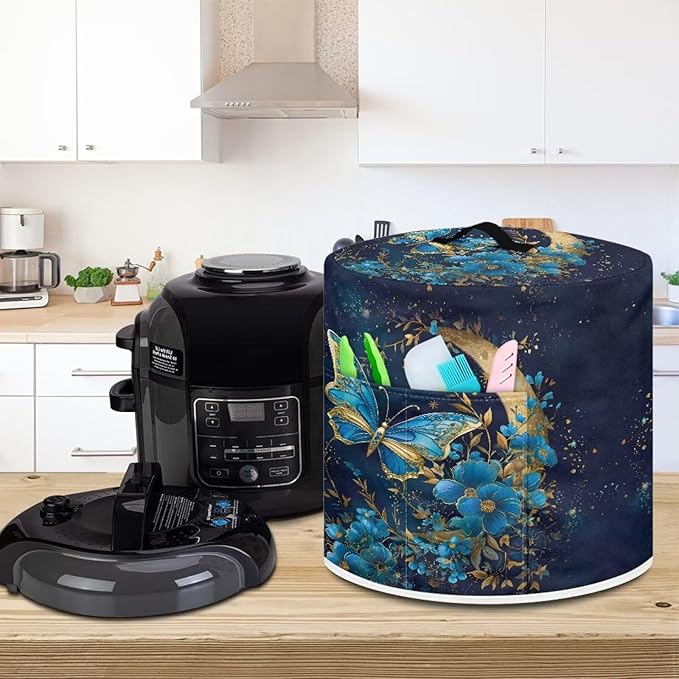 Blue Butterfly Pressure Cooker Cover for Women Dust Protection Insulated Rice Cooker Cover Water Resistant Dust Cover with Pockets for Instant Pot 8 Quart Vintage Appliance Cover for Kitchen