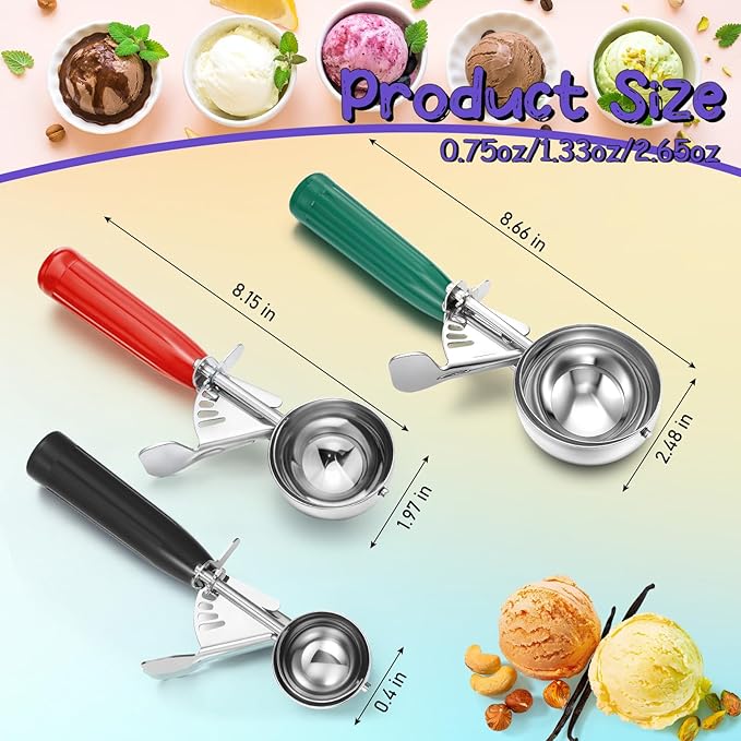 3 Pcs Release Cookie Scoops Ice Cream Scooper with Trigger Release Portion Scoop Stainless Steel for Portion Control, Baking Food, Cookie Dough (2.65 Oz+1.33 Oz+ 0.75 oz,Green,Red,Black)