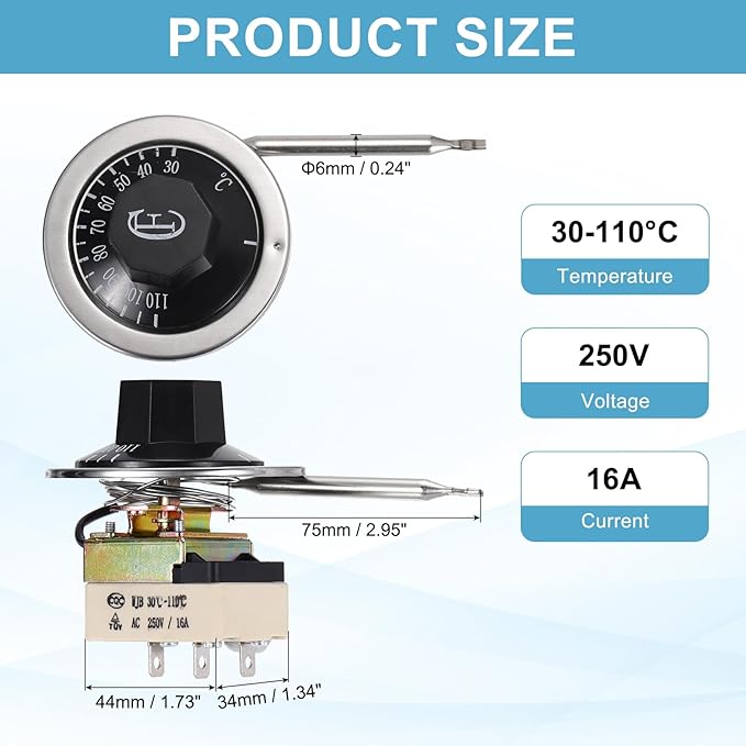 MECCANIXITY 2pcs Oven Temperature Control Switch 250V, 16A 30-110°C Capillary Thermostat NO/NC Temperature Control Switch for Ovens Fryers Refrigerator Heaters