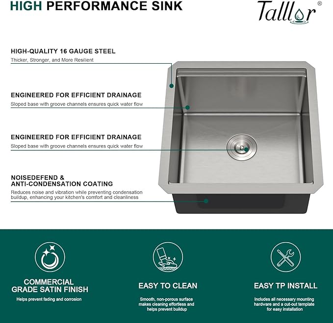 Undermount Bar Sink - 17 Inch Workstation Bar Sink Stainless Steel 16 Gauge Single Bowl Under Counter Small Prep RV Sinks with Cutting Board and Assembly #TLU-0021