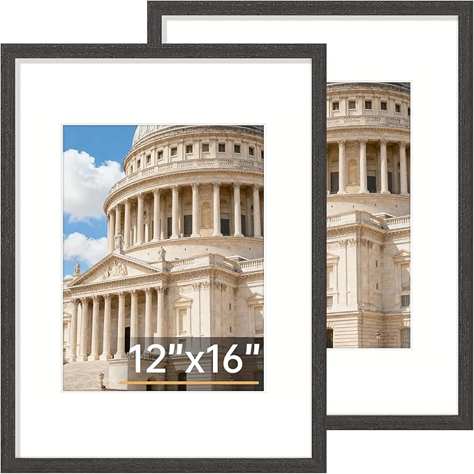 Vittanly 12x16 Picture Frame Set of 2, Solid Wood Frame for Wall Art Photo and Prints, Display Photo 8.5x11 with Mat or 12x16 without Mat, Black