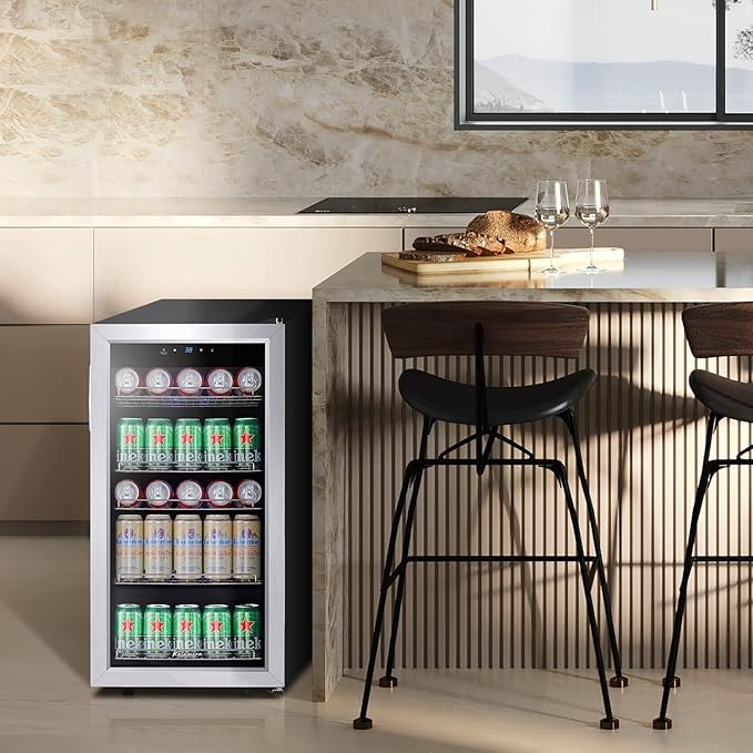Kalamera Mini Beverage Fridge Refrigerator- 120 Cans Freestanding Drink Cooler - for Soda, Water, Beer or Wine with White LED Light
