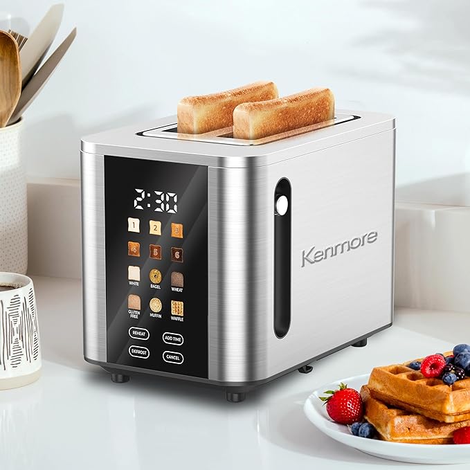 Kenmore 2-Slice Toaster - Color Touch Screen & 6 Shade Settings, Extra Wide Slots, Digital Countdown Timer, Customizable Smart Presets, Reheat, Defrost, Add Time Functions, Stainless Steel