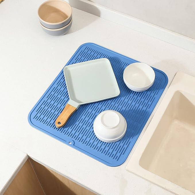 Silicone Dish Drying Mat for Multiple Usage,Easy clean,Eco-friendly,Heat-resistant Silicone Mat for Kitchen Counter or Sink,Refrigerator or Drawer Liner Lichen BlueL 2XL 24 inches x 18 inches