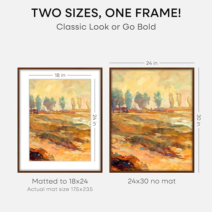 Homeforia 24x30 Walnut Frame, High End Oak 24 x 30 Wooden Poster Frame with Mat 18 x 24, 30x24 Large Picture Frames for Wall, 24x30 Brown Wood Frame Matted to 18x24, Tempered Glass, Wall Kit, Set of 3
