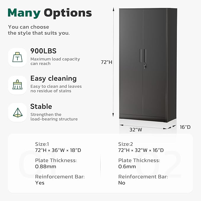 Greenvelly 72" H Metal Storage Cabinet, 32" W x 16" D Black Metal Cabinet with 2 Doors and 4 Adjustable Shelves, Locking Cabinets for Office, Home, Garage, School