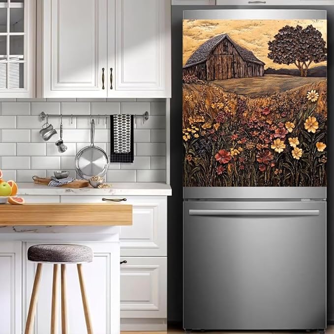 Farmhouse Barn Scene Flowers Magnetic Dishwasher Cover Vinyl Sticker,Vintage Wooden Floral Dishwasher Magnet Cover,Rustic Fridge Door Cover Magnets Art Skin Panel Decal for Home Decor, 23"X26"
