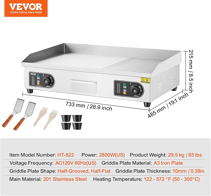 VEVOR Upgraded Commercial Electric Griddle, 2800W Countertop Half-Flat Top Grill, 122℉-572℉ Adjustable Temp, 29'' Stainless Steel Griddle Grill for Home or Restaurant(No Plug)