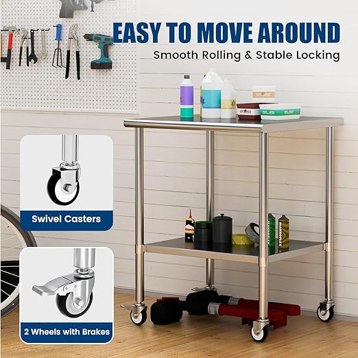 Stainless Steel Work Table with Wheels, 30x30 Inch NSF Kitchen Prep Table with Adjustable Undershelf for Commercial Restaurant, Garage, Outdoor BBQ