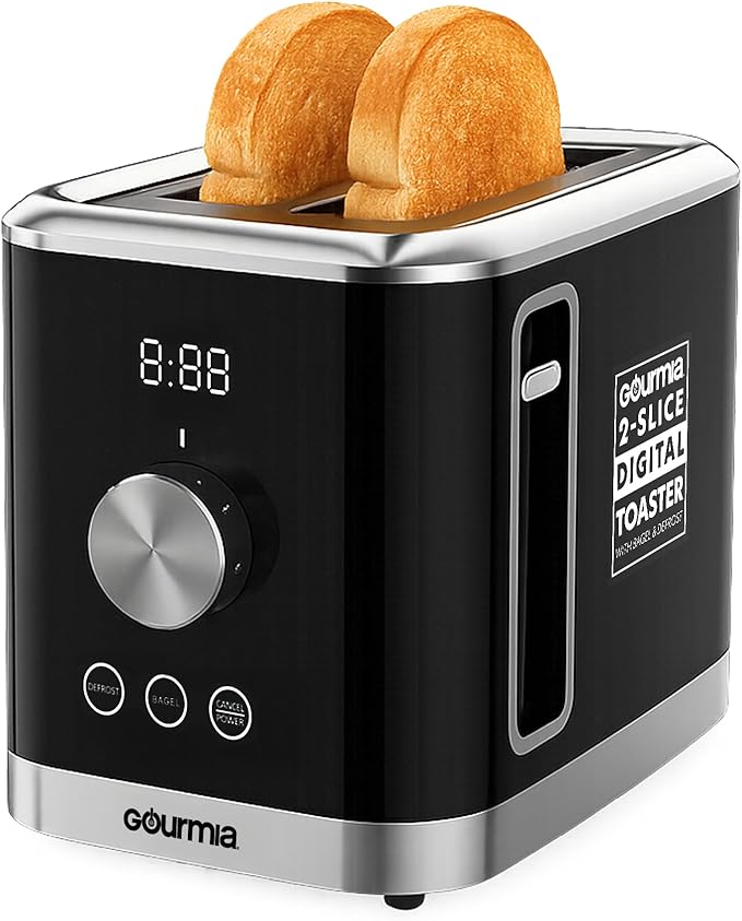 Gourmia 2 Slice Toaster – 6 Browning Levels with Bagel and Defrost Mode, One-Touch Toasting, Removable Crumb Tray, Extra Wide Slots, Compact Design, Black