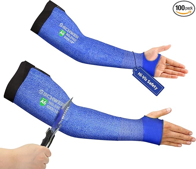 Schwer AIR-SKIN ANSI A6 Cut Resistant Arm Sleeves for Men & Women, Arm Protectors for High Risk Work, Gardening Sleeves, 100 Pairs, Blue, 18 IN