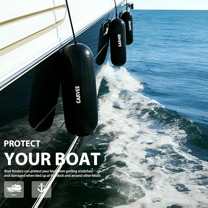 Garvee Boat Fenders 4 Pack 10 x 28 Inches Boat Bumpers for Docking, Ribbed Center Hole, Comes with Ropes and Pump to Inflate