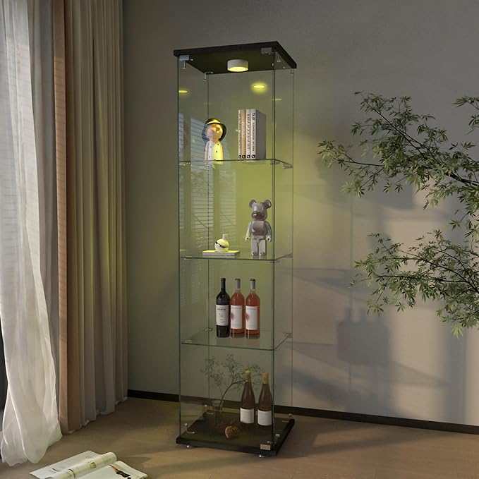 Yoluckea 4-Shelf Glass Display Cabinet with LED Lights, 1-Door Floor Standing Curio Cabinet with Universal Wheel for Home or Office, Black Glass Bookshelf for Collections, Decor, and Corner Display