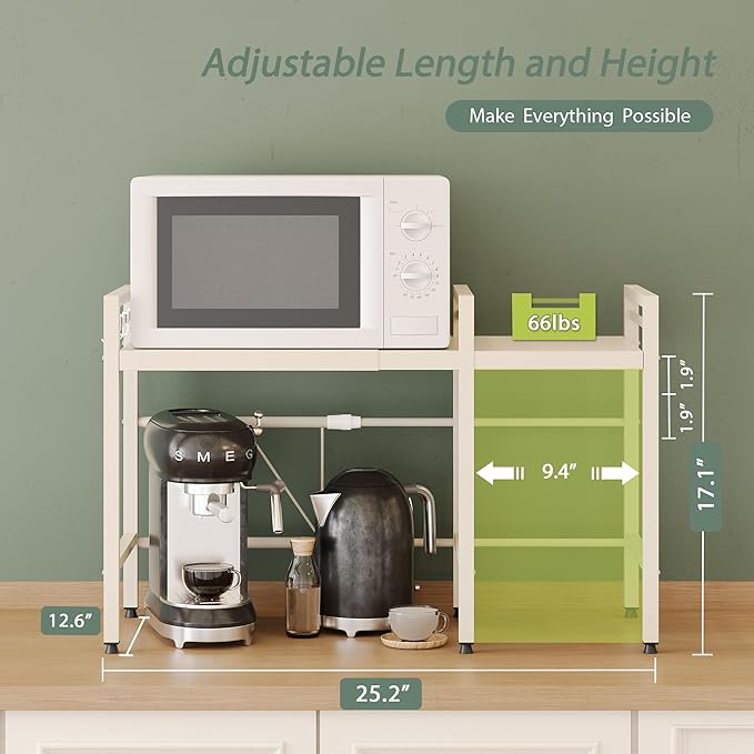 NETEL Expandable Microwave Stand,2 Tier Metal Kitchen Countertop Organizer Shelves with 8 Hooks,Bakers Rack,Microwave Shelf,Microwave Oven Rack,55lbs Weight Capacity
