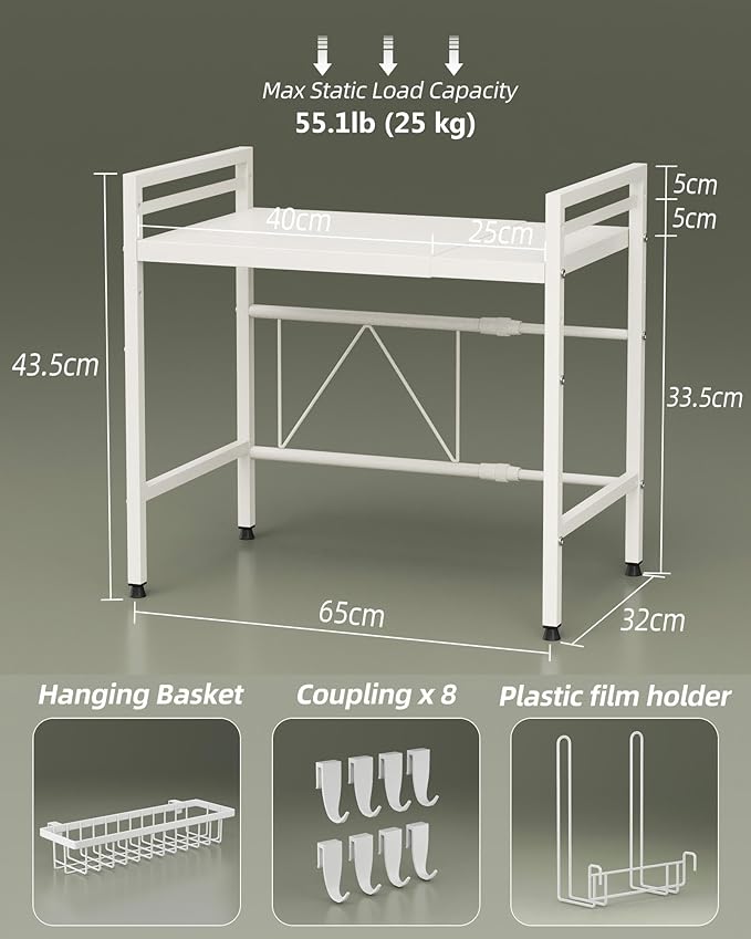 NETEL Expandable Microwave Stand,2 Tier Metal Kitchen Countertop Organizer Shelves with Paper Towel Holder and Baskets,Bakers Rack,Microwave Shelf,Microwave Oven Rack,55lbs Weight Capacity,White