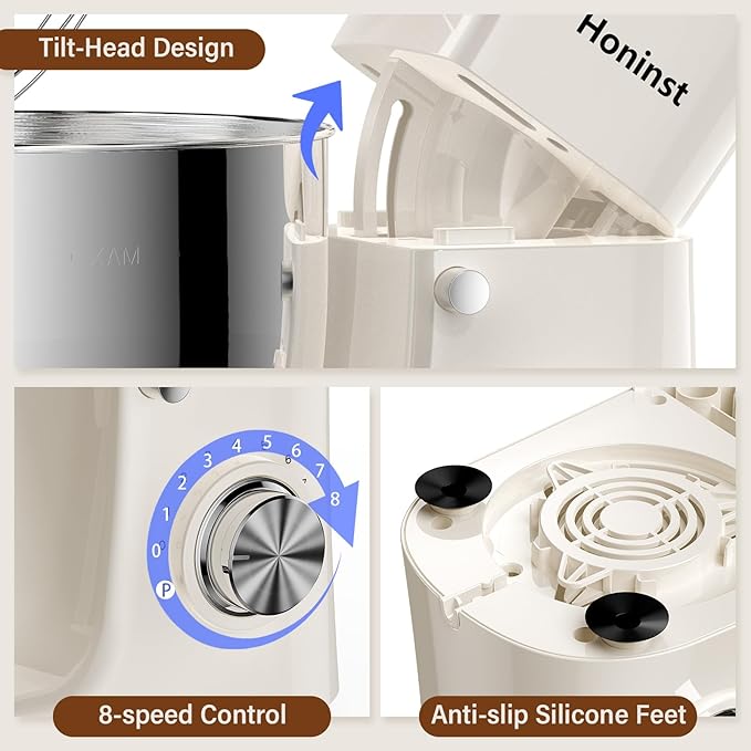 Stand Mixer, 3-In-1 8-Speed 660W 6.5QT Tilt-Head Food Electric Mixers with Bowl, Dough Hook, Whisk and Beater, Kitchen Mixer for Baking, Cake and Most Home Cooks, Beige